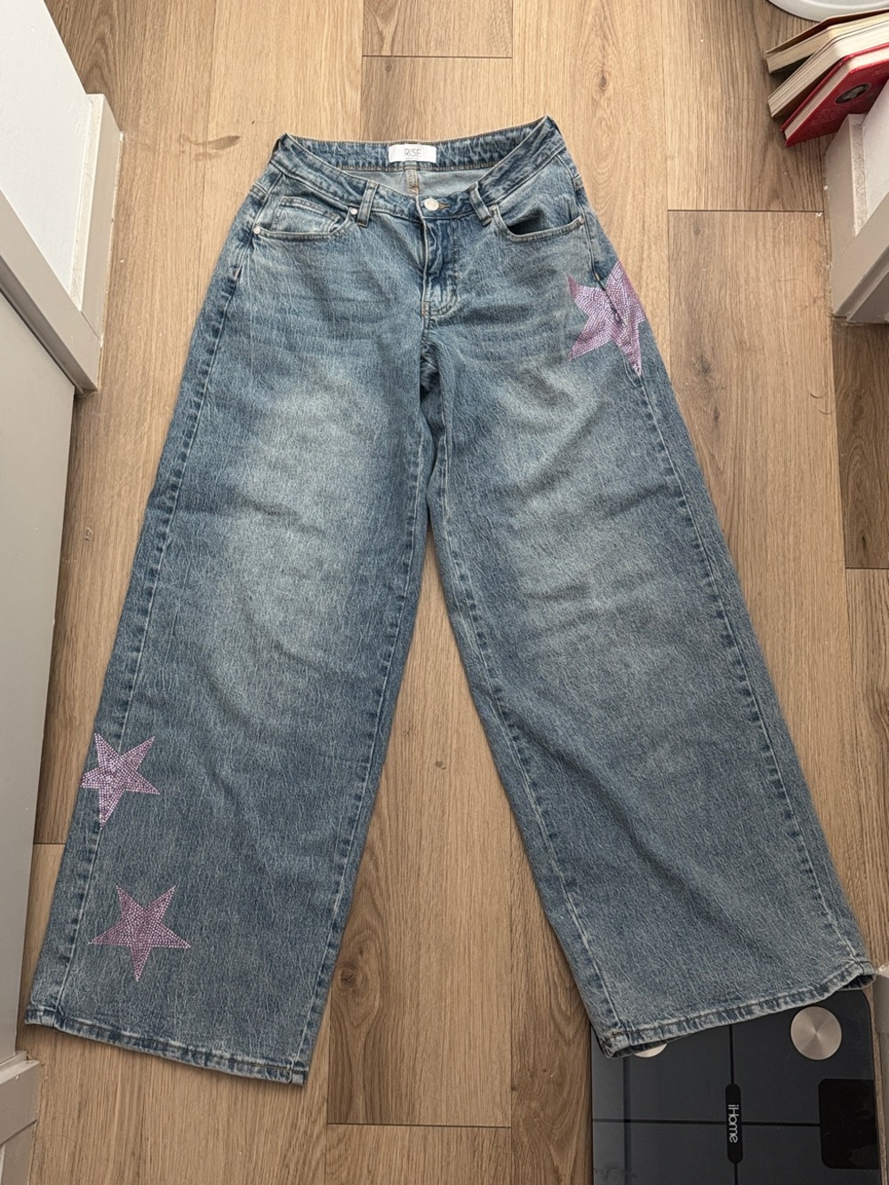 Wide Leg Women Jeans with Pink Star Accents
